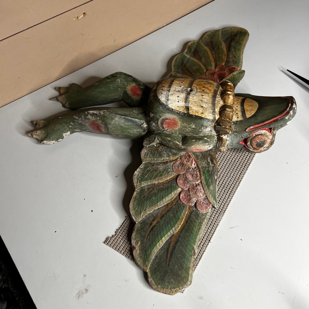 Vintage Hand Carved Wooden Winged Frog Folk Art Mythical Creature Sculpture 15in